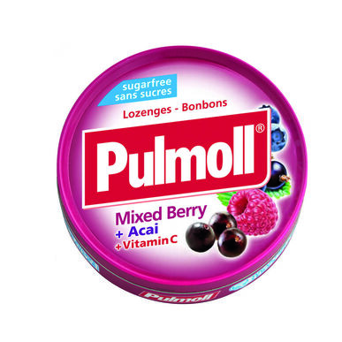 Pulmoll Bonbons brez sladkorja mešane jagode acai vitamin C pomirjujoče pastile za grlo gozdne jagode 45 g 45 g