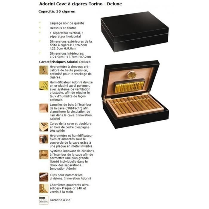 Humidor ADORINI TORINO Deluxe de madera de cedro con higrómetro, 2 separadores y humidificador Adorini Platinum Gold, capacidad para 30 puros.