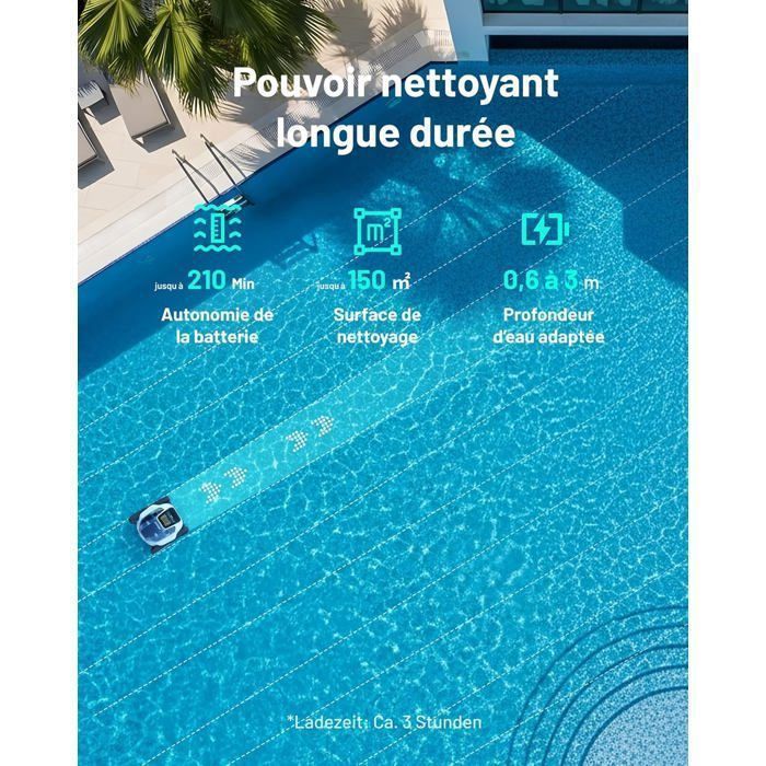 Spino E1 Robot Piscine Sans Fil, Nettoie Fond Parois et Ligne d'Eau, avec App, Trajet SmartArc, 210 Min & 150m² d'Autonomie