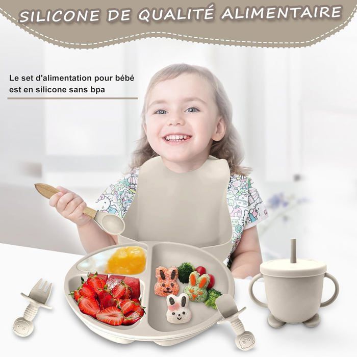 Plato para bebé, juego de 12 piezas para la comida del bebé, tazón y cuchara para bebé, babero de silicona para bebé, plato para bebé con ventosa