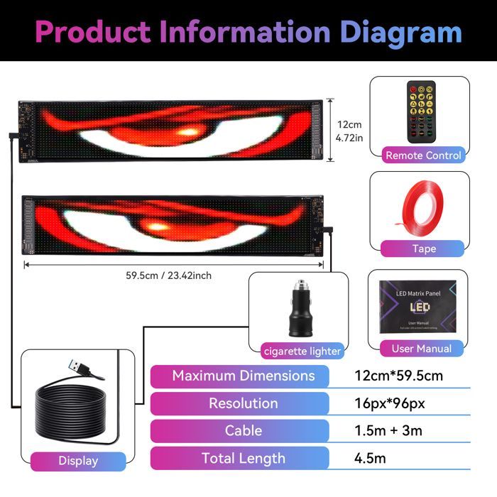 Ojos de diablo de 2 piezas para coches, ojos LED para camiones de 12 x 59,5 cm, pantalla suave, escritura luminosa programable, Bluetooth USB 5V