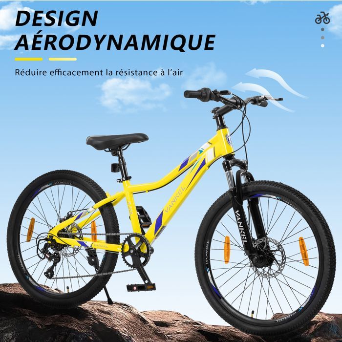 Bicicletta per bambini VANKEL da 24 pollici – Mountain bike a 6 velocità per ragazzi/ragazze dagli 8 ai 12 anni – Freni a disco – Giallo sportivo