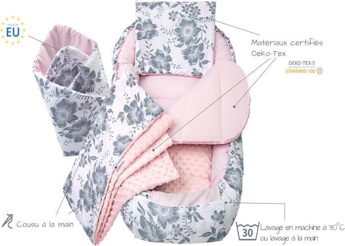 Medi Partners 5-piece Baby Cocoon 100x60x15cm 100% Cotton Baby Bed Reducer (Berry with Rosa Minky)