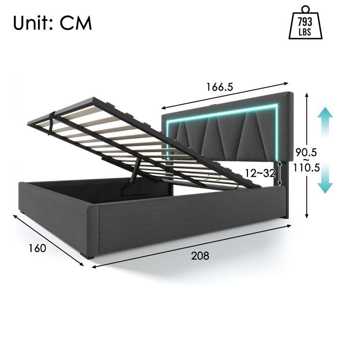 LINKHOO lit  rembourré Lit double LED avec USB Type-C, cadre de lit en lin, 160x200 avec sommier à lattes (sans matelas), gris