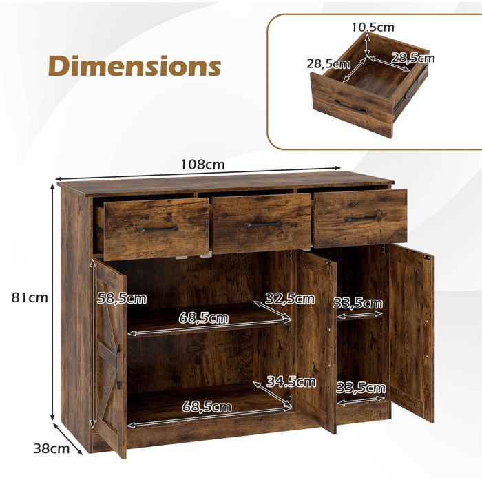 Buffet de Cuisine COSTWAY, Tiroirs et Portes, Étagères Réglables, Armoire de Rangement pour Salle à Manger Salon, Marron Rustique