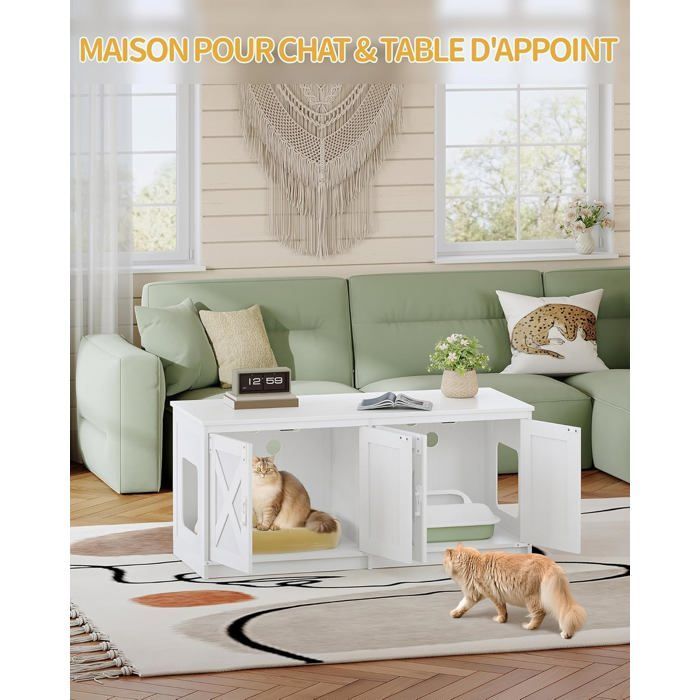 Maison de Toilette Chat, Meuble Litiere pour 2 Chats, Meuble pour Bac à Litière Caché, Maison pour Chat D'intérieur, Blanc