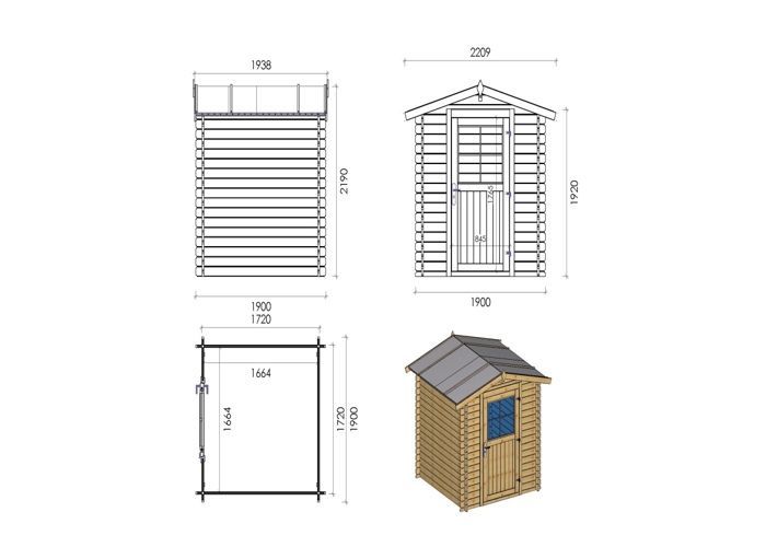 Abri de jardin en bois - 3,61m2 - 1,90x1,90m - Ep. 28mm - Couleur: naturel - DOM593