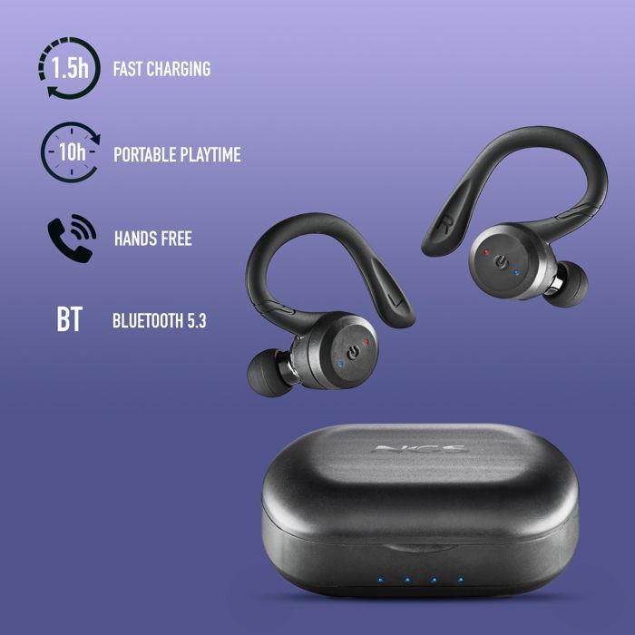 NGS ARTICA JOGGER TWS Sport-oordopjes, Bluetooth 5.3, IPX7, 3 oorhaakjes, 40 uur batterijduur. Ontworpen voor actie en comfort.