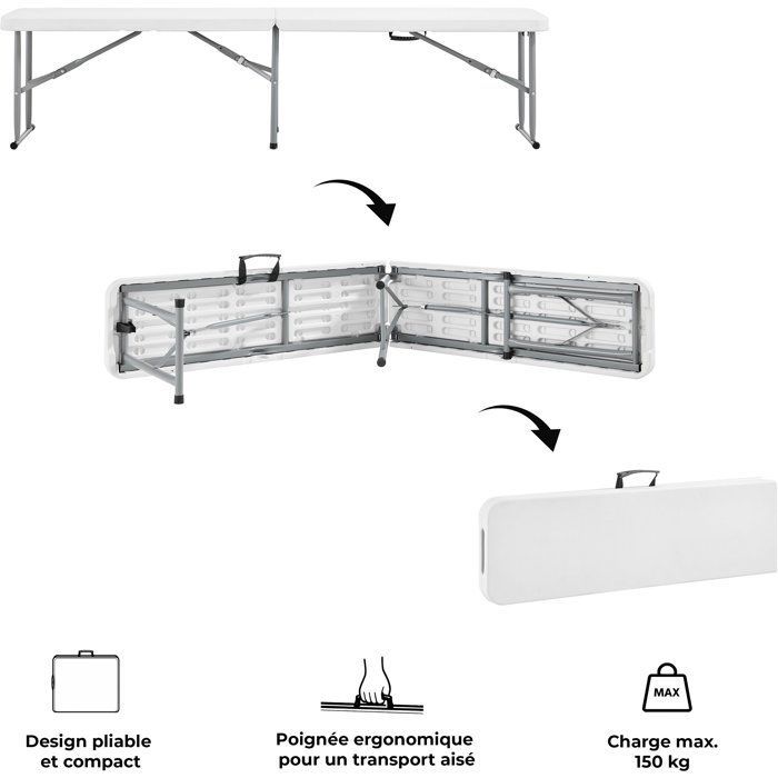 Banco de recepción plegable - TERRANOVA - Blanco - Estructura de acero y asiento de polietileno HDPE - 4 personas - 180 x 28 x 43 cm