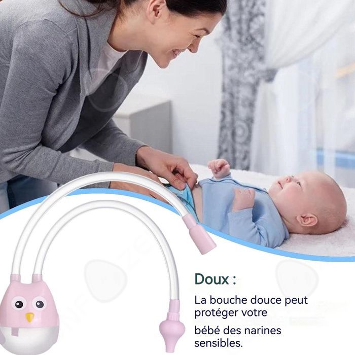 Aspirador nasal manual rosa con forma de búho, fabricado en silicona suave, transparente y reutilizable para la limpieza nasal.