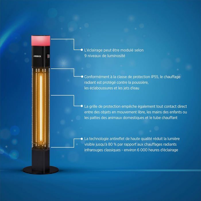 AREBOS Radiateur infrarouge | Chauffage radiant électrique | 1500W | LED 16 couleurs | intérieur et extérieur | Noir