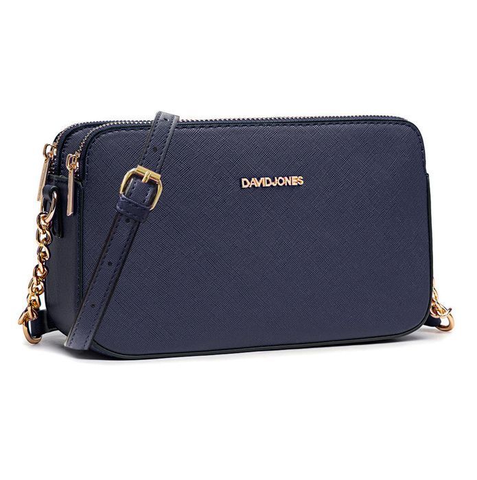 David Jones - Small Women's Crossbody Bag - PU Leather Shoulder Bag with Chain Strap and 3 Compartments - Multi-Pocket Bag - Blue