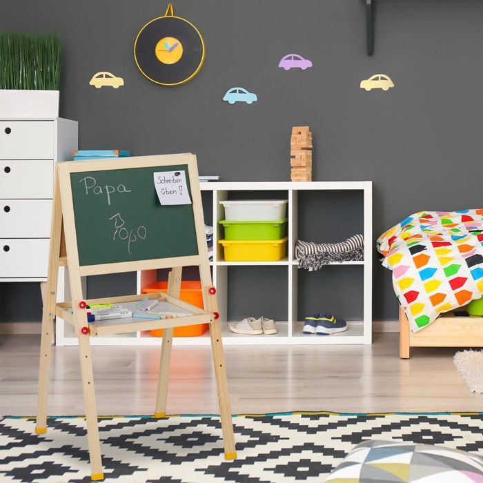 Relaxdays Kinderezel, Recht, Magnetisch aan Beide Zijden, Krijt en Marker, In Hoogte Verstelbaar, HxB 77x39x44,5 cm, Naturel