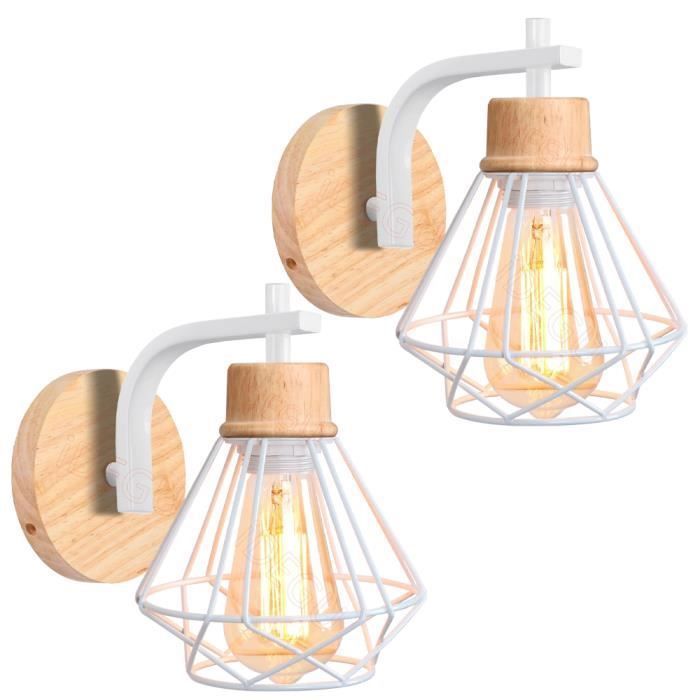 IDEGU 2 apliques de pared vintage tipo jaula, blancos, lámpara de pared industrial de 16 cm en hierro y madera, luminaria retro E27