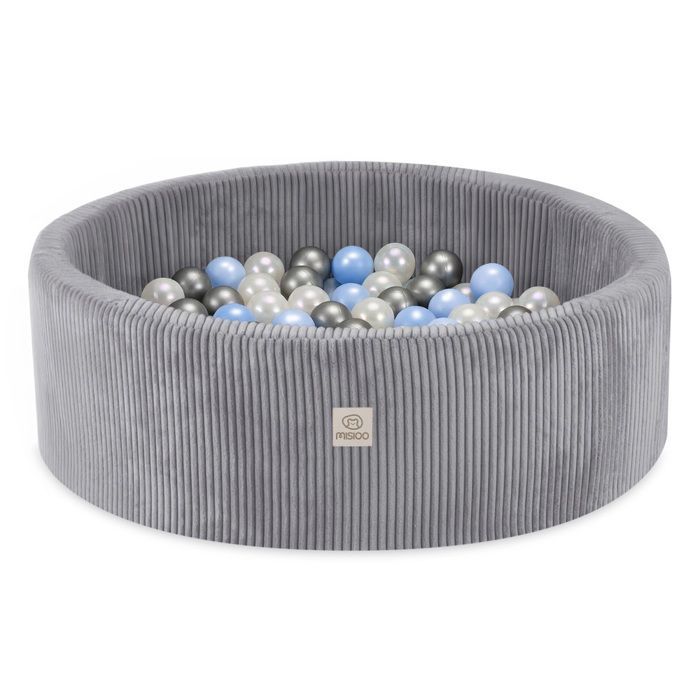 MISIOO Round Corduroy Ball Pit for Baby and Children's Room, Grey, 90x30 cm, 200 Balls: Blue/Silver/White Pearl