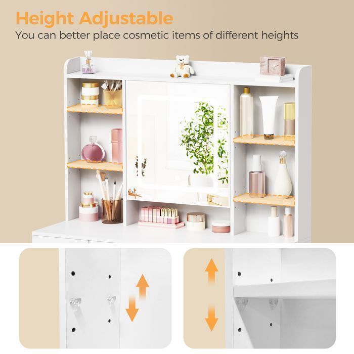 BEWISHOME Coiffeuse avec Tabouret et Miroir de Porte, 2 Port USB et 2 Prise, 9 Tiroirs de Rangement, Blanc, 110×40×145cm