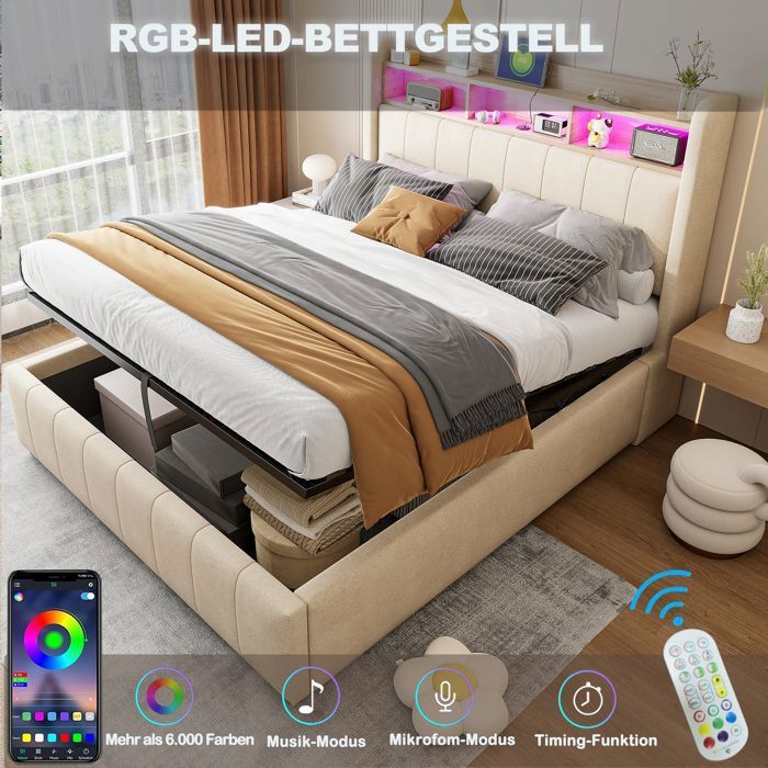 Cama con almacenamiento - Becag - Cama doble tapizada de 180x200cm con USB y LED - Cama para adultos con almacenamiento hidráulico - Lino beige