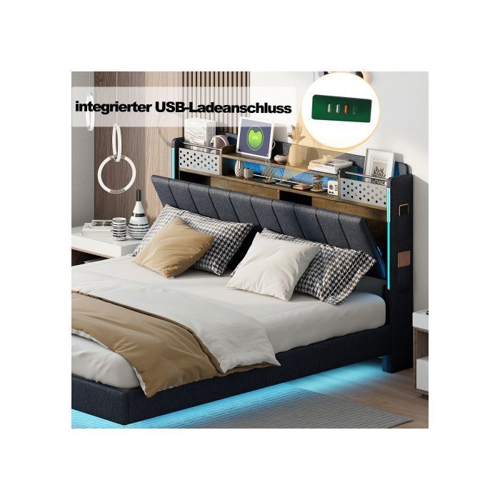 Letto matrimoniale - 160x200 - Contenitore con cassetti - Testiera multifunzionale con LED - Biancheria grigia