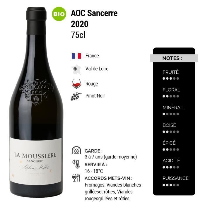 Sancerre La Moussière Rouge 2020 - Bio - Lot de 3x75cl - Alphonse Mellot - Vin AOC Rouge du Val de Loire - Cépage Pinot Noir