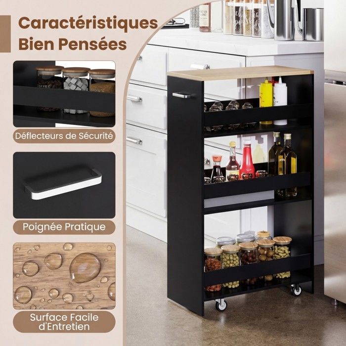 GIANTEX Narrow Kitchen Trolley with Wheels and Brakes - 47.5x25x80.5cm - 4-Tier Serving Cart with Handle - Black + Natural