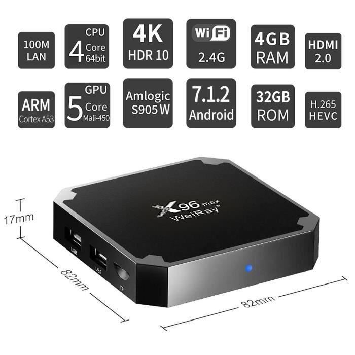 WEIRAY X96mini TV Box Android 7.1 | 4 GB DDR3 RAM, 32 GB eMMC, Amlogic S905W, 4K HDR, Wi-Fi