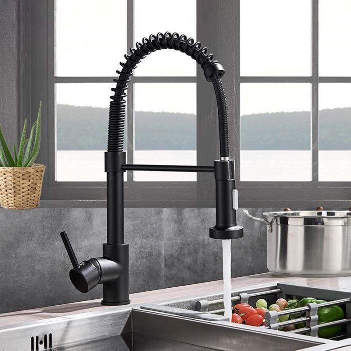 Rubinetto da cucina nero JULLYBATHEVY - Lavello da cucina - Girevole a 360° - Doccetta estraibile a 2 modalità - Miscelatore