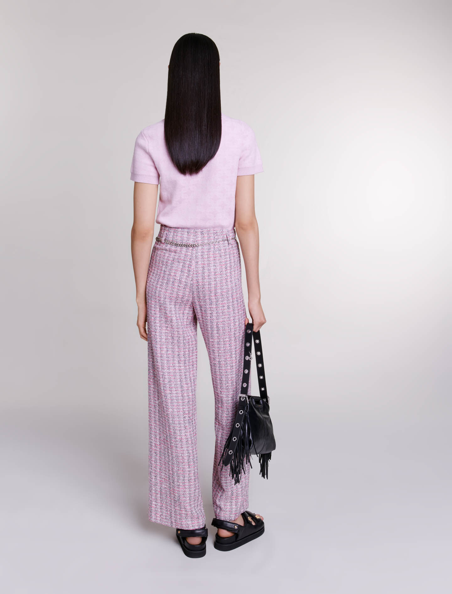 Broek ook verkrijgbaar in tweed-roze/zwart