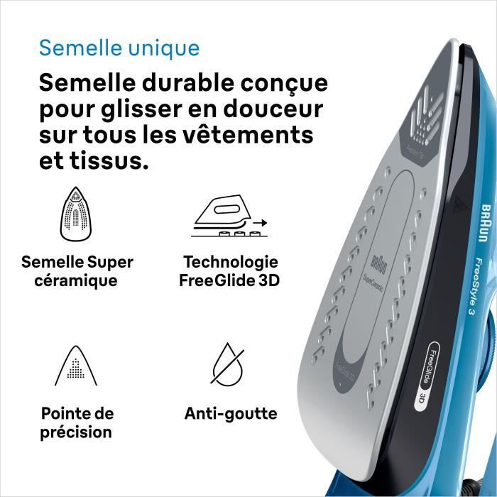 Dampfbügeleisen – BRAUN – FI3194BK FreeStyle 3 – 2400 W Leistung – Konstanter Dampf 45 g/min, Dampfstoß 200 g/min – SuperCeramic-Bügelsohle