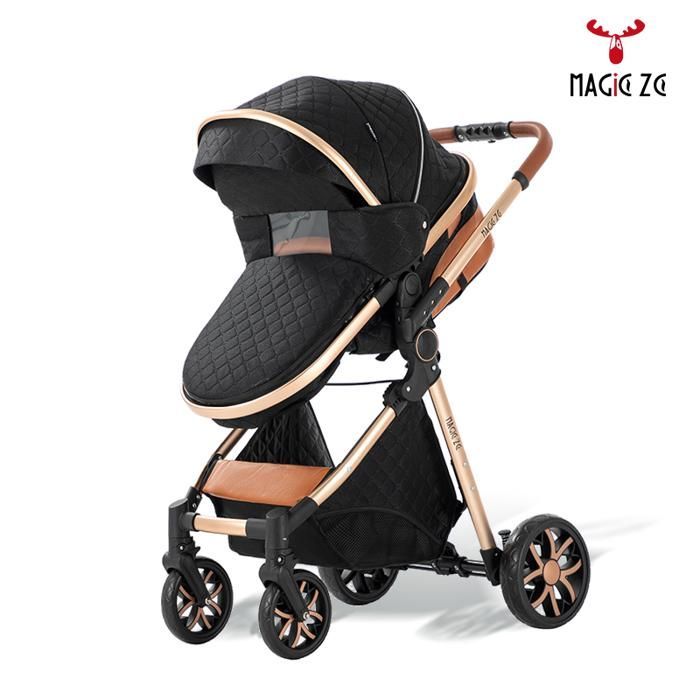 Poussette 3 en 1 MagicZC pour nouveau-né, pliable et inclinable, avec siège auto, cadeau surprise, 0-3 ans, noir et doré