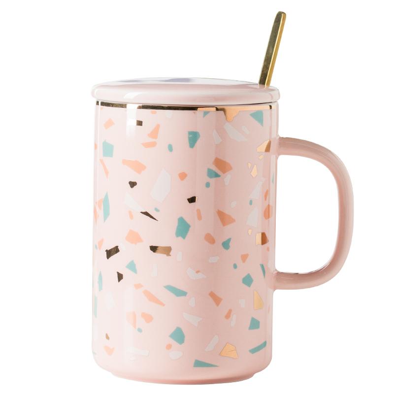 Tazza in ceramica creativa coreana, ragazza moderna, rosa con cucchiaino e coperchio, tazza alla moda coreana per ufficio, tazza da caffè/latte CC60MKB