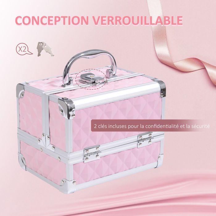 Estuche de maquillaje - HOMCOM - productos de belleza, 3 niveles, espejo, cerradura, 2 llaves - aluminio - 20x15x15cm - rosa