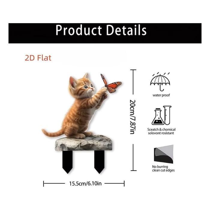 Estaca acrílica para jardín con forma de gato y mariposa, apta para decoración interior y exterior, ideal para macetas.