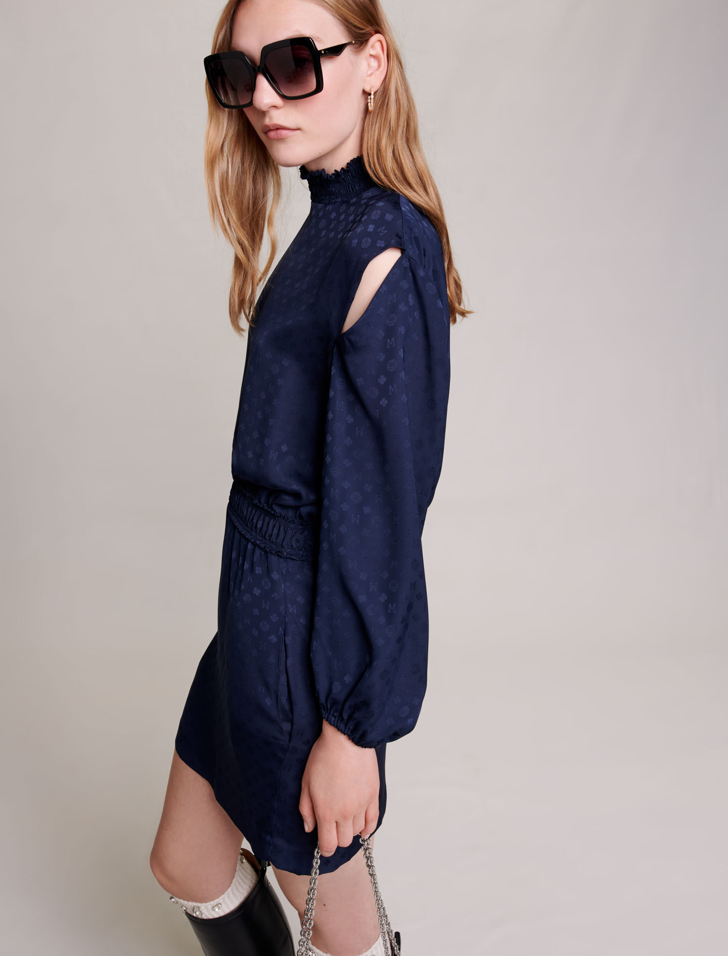 Rochie scurtă din jacquard - Bleumarin