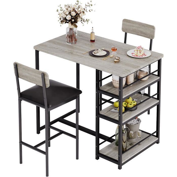 TABLE A MANGER AVEC CHAISES - Ensemble table de bar avec 2 tabourets 91x50x91cm - pour salle à manger, cuisine - Gris