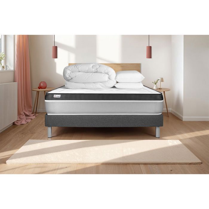 Pack lit complet 180x200 cm - Matelas + Sommier Gris (en kit) + 2 oreillers + Couette - Vital Ergo Gris