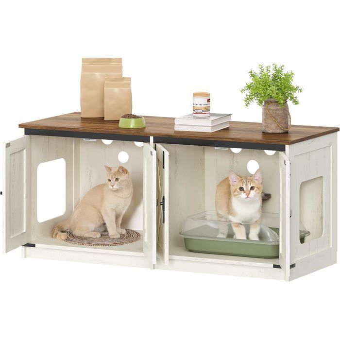 Casita para arenero de gatos, para 2 gatos, armario oculto para arenero, casita para gatos de interior, color marrón rústico y blanco.