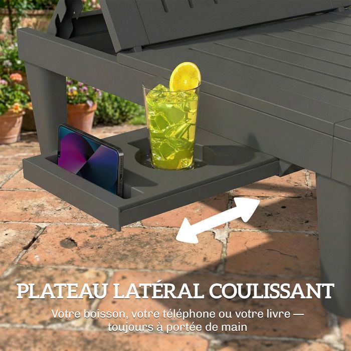 Lot de 2 chaises longues - Outsunny - dossier réglable 5 positions - tablette latérale - plastique - gris