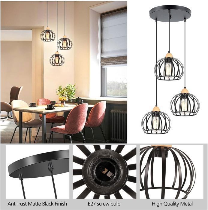 Lámpara colgante vintage - iDEGU - 3 luces - Metal y madera - Negra - E27