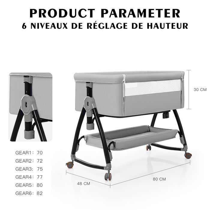 Baby-Beistellbett mit Matratze, Moskitonetz, Wickeltisch, Schaukel- und Liegefunktion, 6-fach höhenverstellbar, für Babys von 0–18 Monaten – Grau