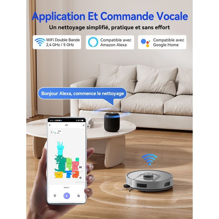 Aspirateur Robot Laveur 4-en-1,20000 Pa-Redroad R11-200min Autonomie,Vidange Auto,avec Navigation LiDAR,Charge-Auto,avec App-Gris