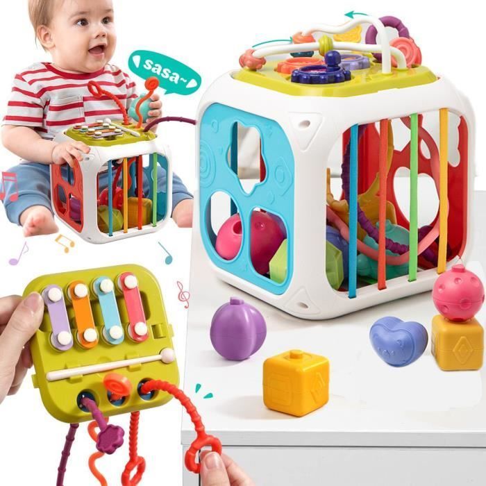Juguetes sensoriales Montessori 7 en 1 para bebés, clasificador de formas, cubo de actividades con xilófono, juguete de cuerda para tirar para niños