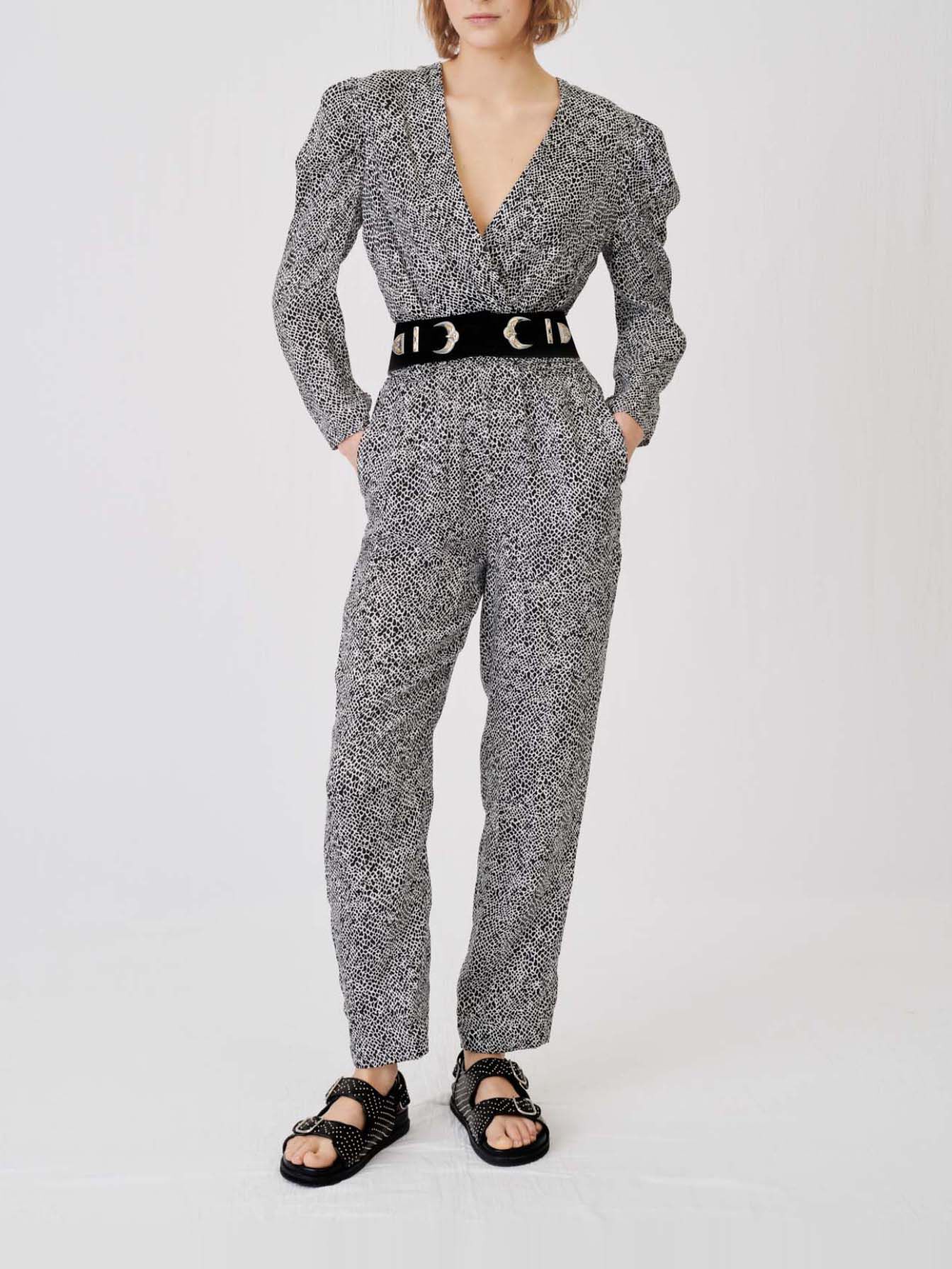Salopetă fluidă cu animal print-Animalier Noir Blanc