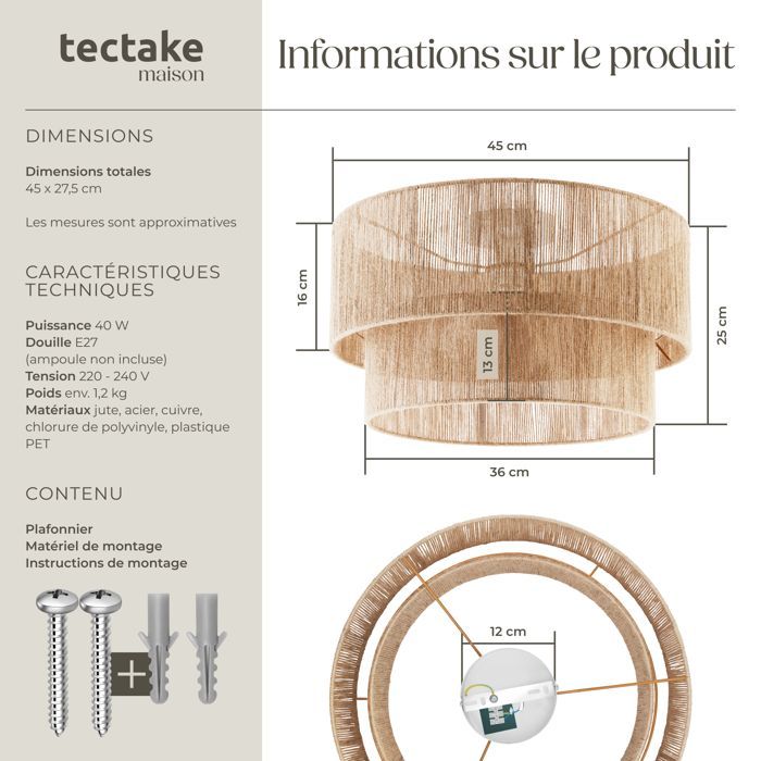 Plafondlamp - TECTAKE - LIGNEA LUX armatuur van gevlochten jutevezels en staal, bohemian stijl, 40W, 45 x 25 cm - Bruin