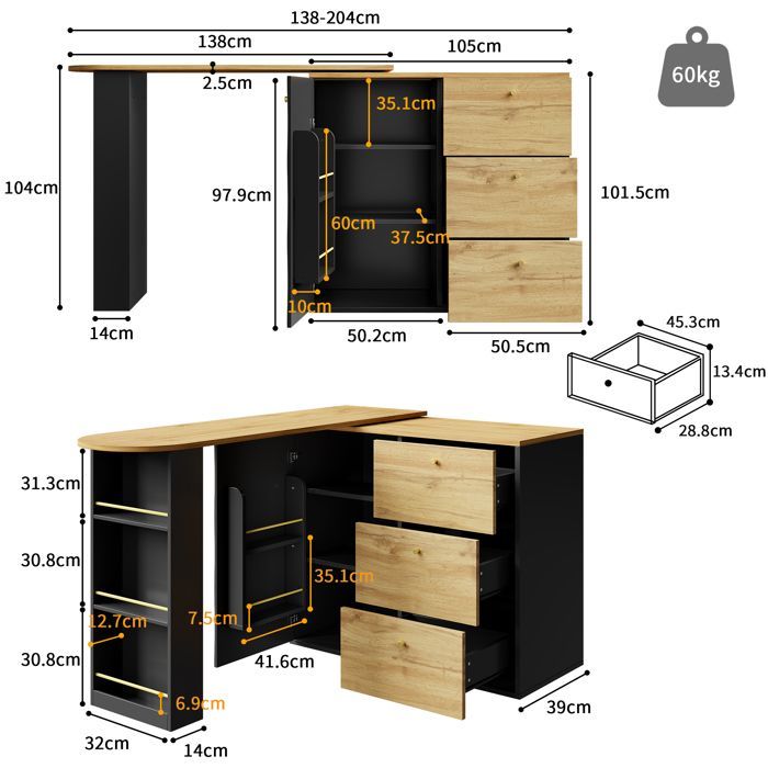 Kitchen island - GENERIC - Modern Bistro - 360° Rotating - Extendable 138–204 cm - 3 drawers & shelves