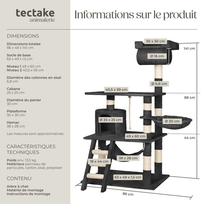 Árbol rascador para gatos - TECTAKE - STOKELEY, 141 cm de altura, con zonas para dormir y cuerda - Negro