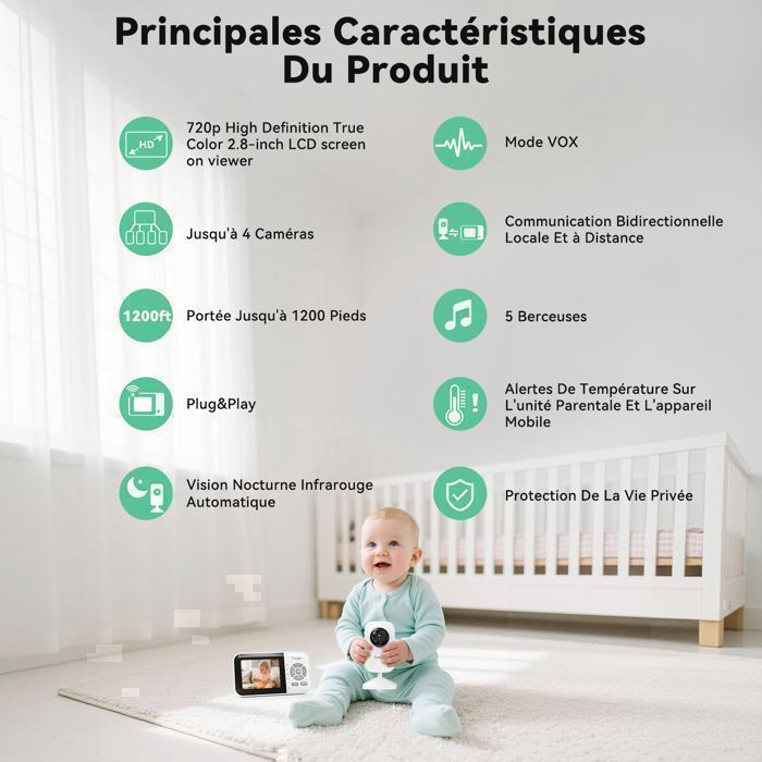 Simyke Moniteur vidéo pour bébé, caméra WiFi pour bébé, affichage de 2,8 pouces et contrôle des applications