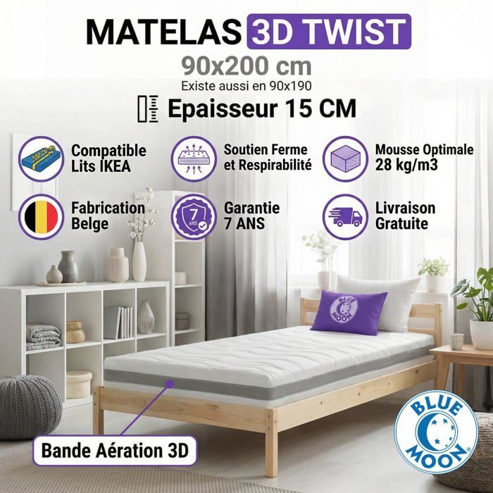 Colchão BLUE MOON – X2 3D TWIST 90x200. 5 zonas de conforto. 15 cm de espessura – Compatível com camas IKEA – Fabricado na Bélgica – 7 anos de garantia