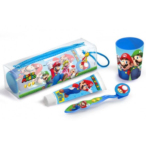 „Super Mario Bros“ kosmetinė, dantų pasta, dantų šepetėlis, puodelis Dantų šepetėliai