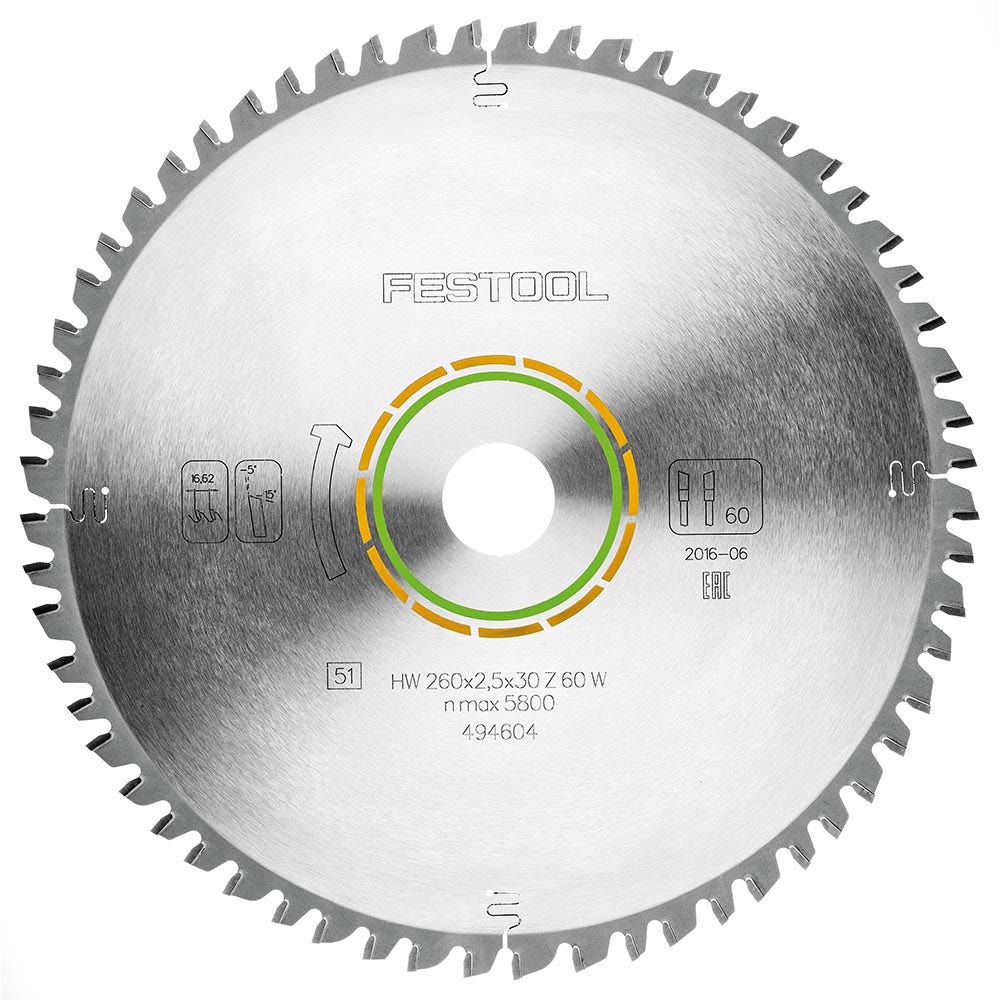Lâmina de serra FESTOOL de 260 mm com 60 dentes TCT para corte de madeira