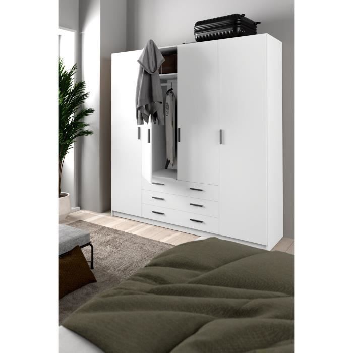 Armoire VEGA - Décor Blanc mat - 4 portes + 3 tiroirs - L 195,5 x P 49,6 x H 200,4 cm